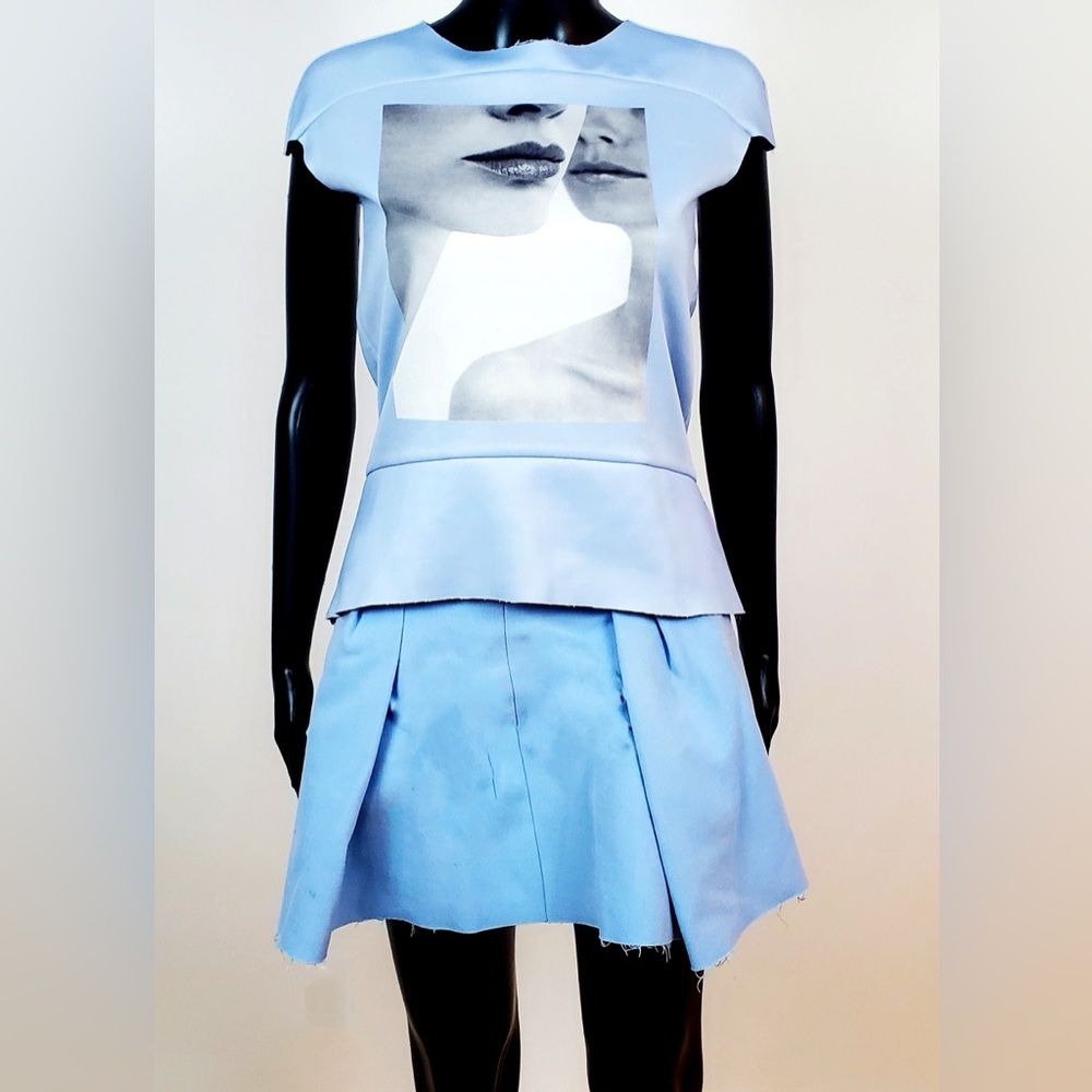 90% OFF! ZARA Abstract Light Blue Portrait Graphic T-Shirt and Skirt Dress Set